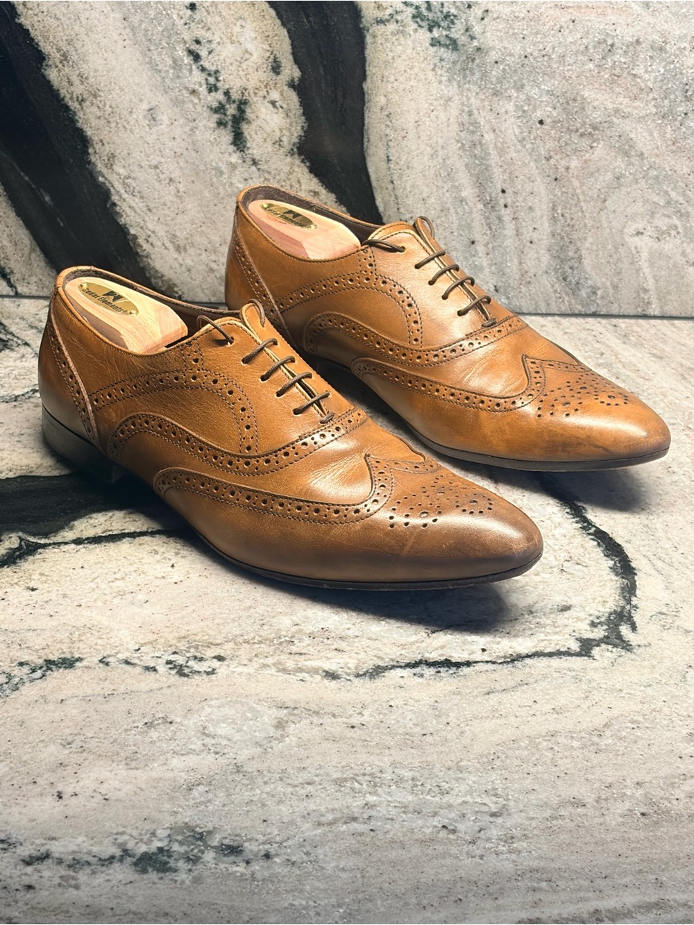 A. Testoni Men’s 11 US 10UK Tan Cognac Leather Wingtip Brogue Oxford Shoes Italy
